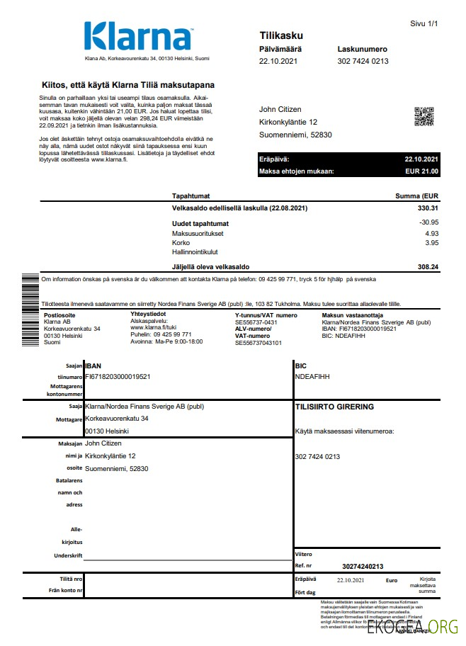 Finlande Klarna banque excel pdf